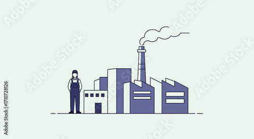 Line art illustration of a factory worker and an industrial plant, symbolizing the concepts of manufacturing, labor, and production