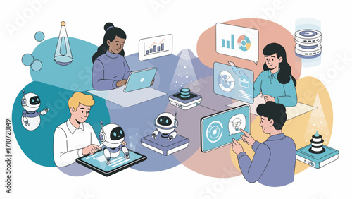 Diverse team collaborates with robots on data analysis in modern office, enhancing efficiency and innovation with advanced technology.