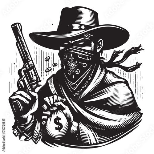 Gangster with gun illustration, vintage mafia man in hat, retro crime vector artwork