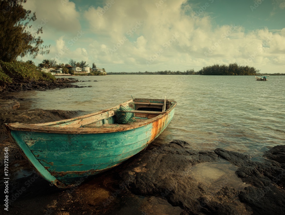 Naklejka premium Old weathered boat resting on rocky shore in tropical island setting under cloudy sky scenic view