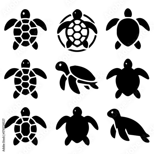 Nine Black Sea Turtle Silhouettes with Varied Shell Patterns and Poses.