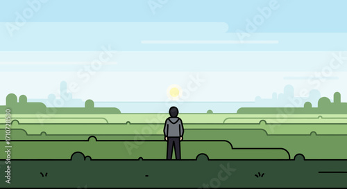 Contemplative Figure Gazing at the Horizon in a Green Expanse, Embracing the Beauty of Nature