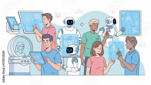Diverse group of people interacting with futuristic technology and robots in a bright, modern laboratory, showcasing innovation and collaboration.