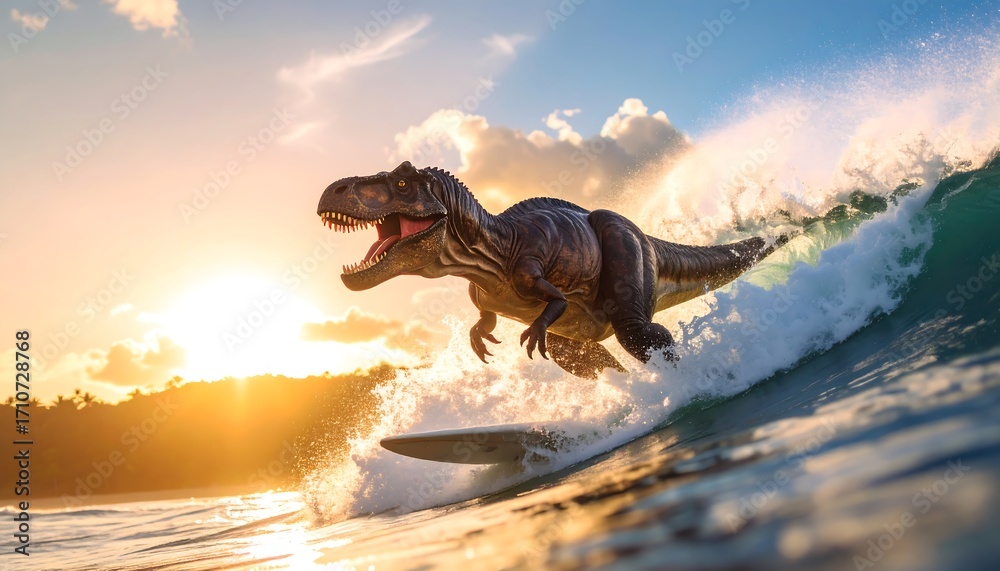 Fototapeta premium Dinosaur surfing a wave at sunset