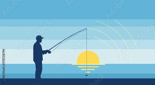 Silhouette of a Fisherman at Sunset Enjoying a Peaceful Day by the Sea