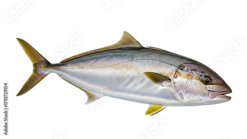 Realistic Illustration of Greater Amberjack Fish with Metallic Silver Body and Yellow Fin Detail
