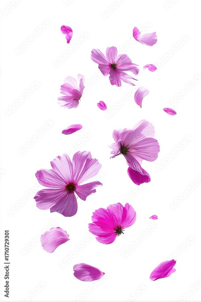 Fototapeta premium Falling cosmos flowers and petals on white background artistic rendering floral design element soft pink purple color