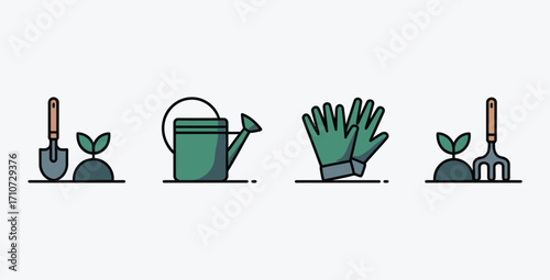 Gardening tools icon set including shovel watering can gloves and rake