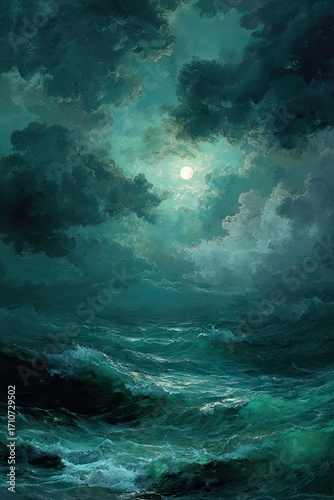Wallpaper Mural Dramatic Moonlit Stormy Ocean Waves Under Dark Clouds. Torontodigital.ca