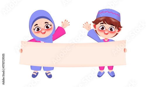 Two happy Muslim children holding a blank banner.