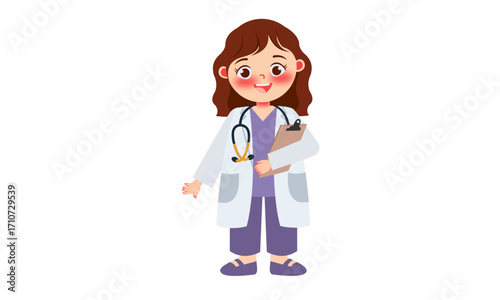 A friendly cartoon female doctor wearing a white lab coat, scrubs, and a stethoscope, holding a clipboard.