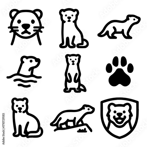 Nine Bold Line Art Illustrations of Weasels in Various Poses.