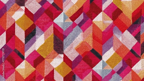 Seamless geometric pattern with a mix of red, pink, orange, yellow, and gray hues creating a textured and vibrant design