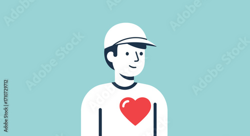 Smiling Young Man with Heart T-Shirt A Clean and Modern Flat Design Illustration