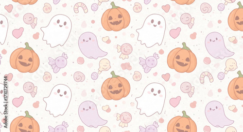 Cute halloween pattern with pumpkins, ghosts and sweets on a light background