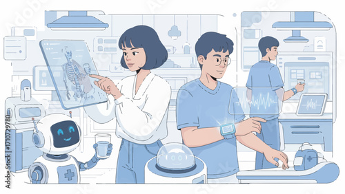 Family interacts with advanced technology in modern kitchen, showcasing futuristic lifestyle and seamless integration of AI in daily life.