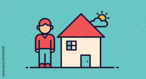 Vector Illustration of a Person Standing Next to a House Under a Sunny Sky with Clouds