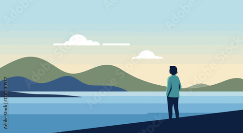 Peaceful moment of solitary contemplation as a person overlooks a tranquil lake and mountain vista