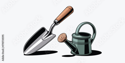 Gardening tools including hand trowel and watering can vector illustration