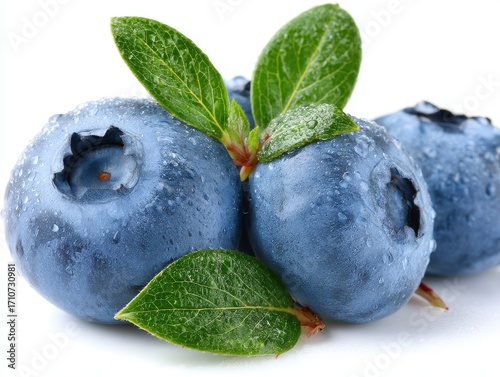 Macro shot of fresh blueberries with leaves and water droplets on white background studio lighting close up healthy eating