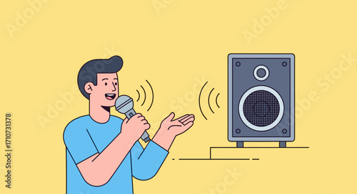 A flat design vector illustration of a young man speaking into a microphone, with sound waves amplifying through a loudspeaker