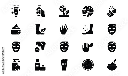 Set of 20 black and white skincare and beauty minimalist icons in 4x5 grid vector isolated design