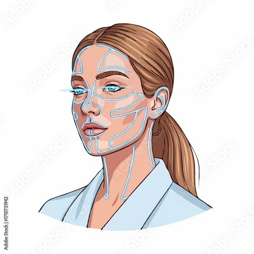 Futuristic Female Cyborg with Glowing Blue Facial Circuitry Against a White Background