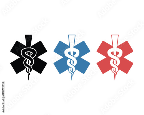 Medical Symbol Variations Black, Blue, and Red Caduceus Illustrations