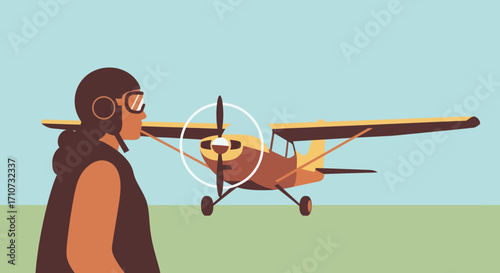 A pilot, helmet on and goggles ready, gazes towards a propeller plane. This scene captures the spirit of aviation, the excitement of flight, and the adventure of exploring the skies