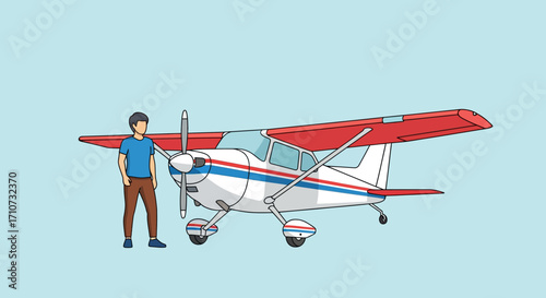 Young Man Posing Confidently Next to a Small Single-Engine Propeller Airplane, Symbolizing Personal Aviation Dreams, Hobby Flying, and the Excitement of Air Travel