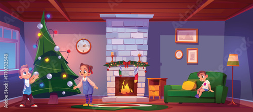 Children decorate Christmas tree at home interior vector illustration