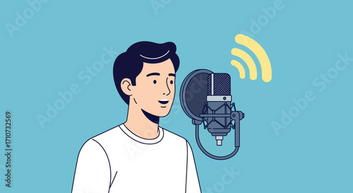 Modern flat vector illustration of a person broadcasting live, speaking into a studio microphone, symbolizing communication and content creation