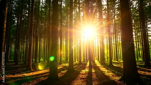 Magical Sunlight Through Tall Trees in a Dense Forest, Breathtaking Nature Scene