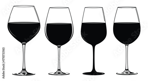 Four wine glasses filled with dark liquid arranged in a row