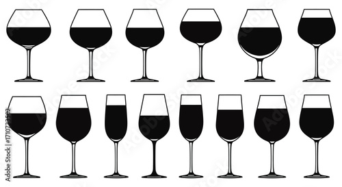 A collection of wine glasses with varying shapes and fill levels