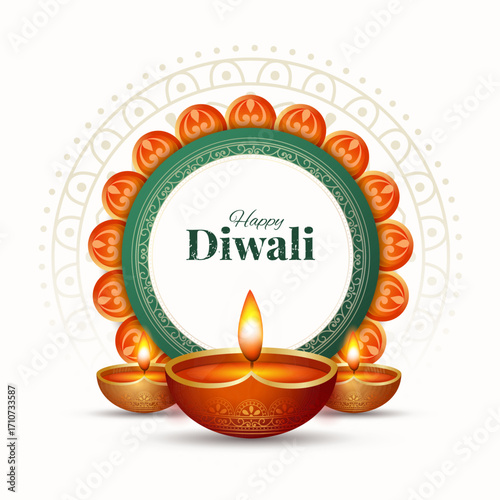 Indian Traditional floral garland with marigold flowers and mandala, oil lamp background, flyer, greetings, invitation card