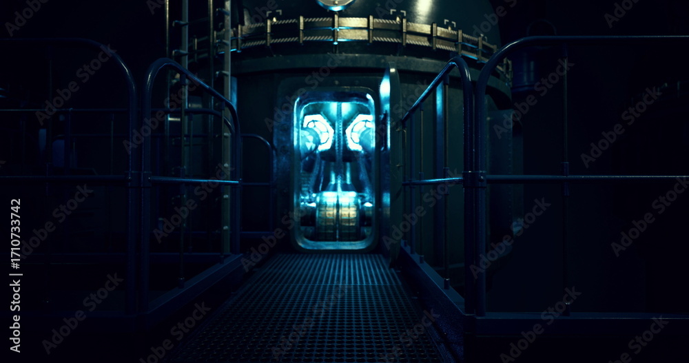 Obraz premium An illuminated doorway creates a striking contrast against the surrounding darkness of an industrial space. Metal railings and shadows enhance the mysterious atmosphere.