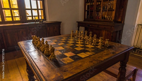 Antique chess set on a wooden table in an old room