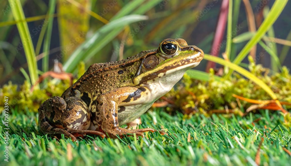 Fototapeta premium A close-up of a frog resting on a bed of artificial grass, showcasing its intricate patterns and colors.