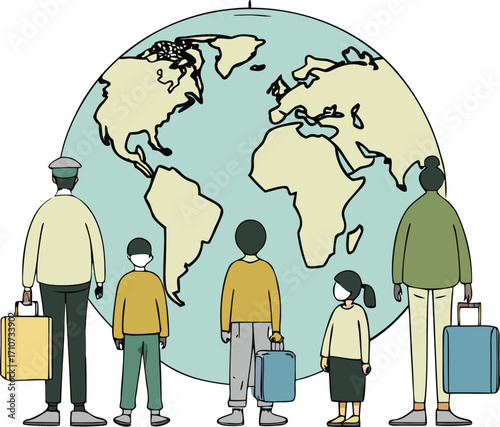 Diverse group of people with luggage standing before a stylized world map family suitcase