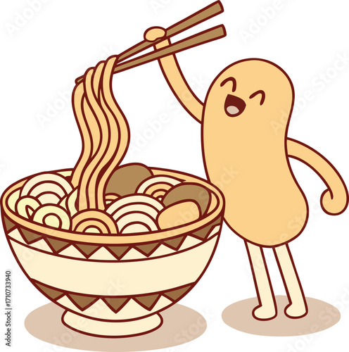 Cheerful bean eating noodles cartoon bean character