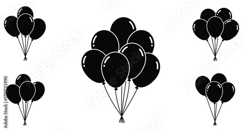 Simple black and white illustration of several balloon bunches tied together