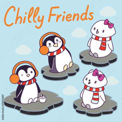 Cute penguins and snow creatures in winter ice floe