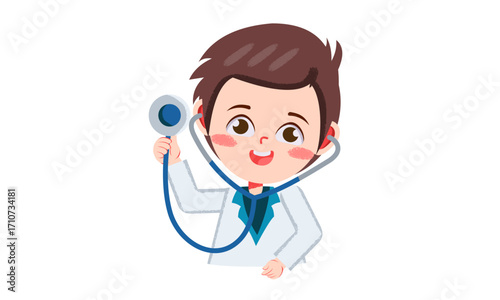 Cute cartoon boy dressed as a doctor, smiling and holding a stethoscope, on a white background.