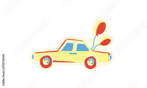 Cartoon car with balloons attached to the back, whimsical illustration.