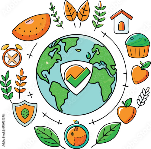 Earth with protective shield and surrounding nature and food icons globe world