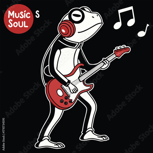 Frog playing electric guitar with headphones amphibian