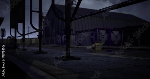 Εκτύπωση καμβά A dimly lit industrial area features large fans and shadows creating a mysterious atmosphere