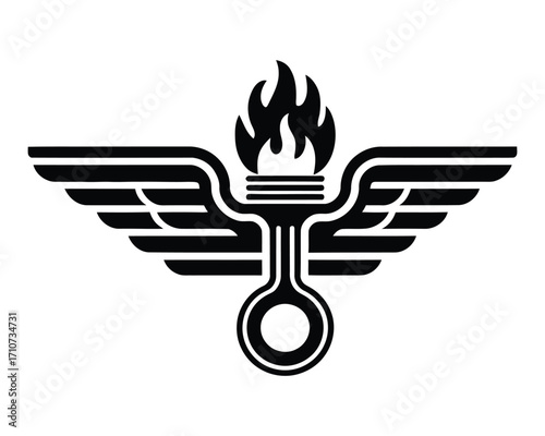 A classic monochrome vector illustration of a winged piston with a burning torch flame, a powerful emblem for automotive, motorsport, and mechanical themes