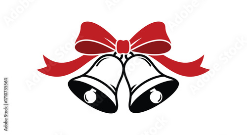 Festive red bow and two silver bells create a holiday design